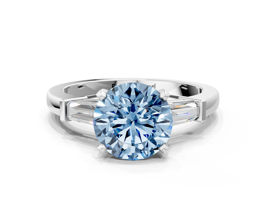 White gold Fancy Blue Round  Cut Diamond Solitaire Ring with Tapered Baguette Accents and Four-Prong Setting_63