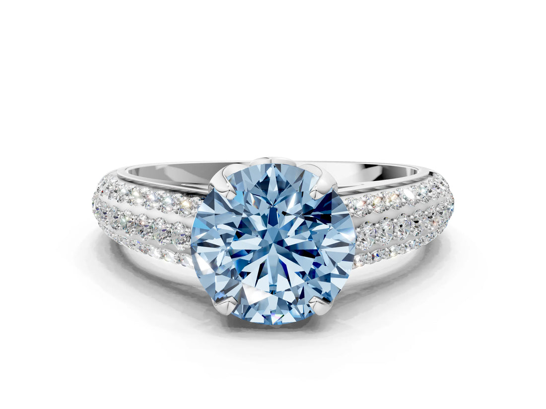 White gold Fancy Blue Round Cut Diamond Solitaire Ring with Three-Row Pavé Band and Four-Prong Setting_48
