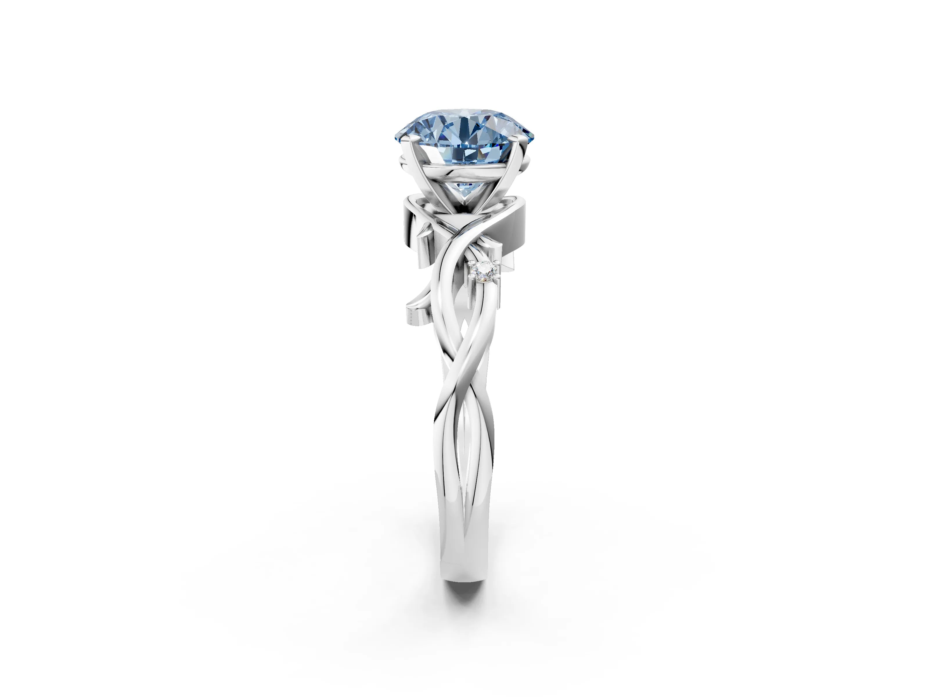 White gold Fancy Blue Round Cut Diamond Solitaire Ring with Twisted Band and Prong Setting_365