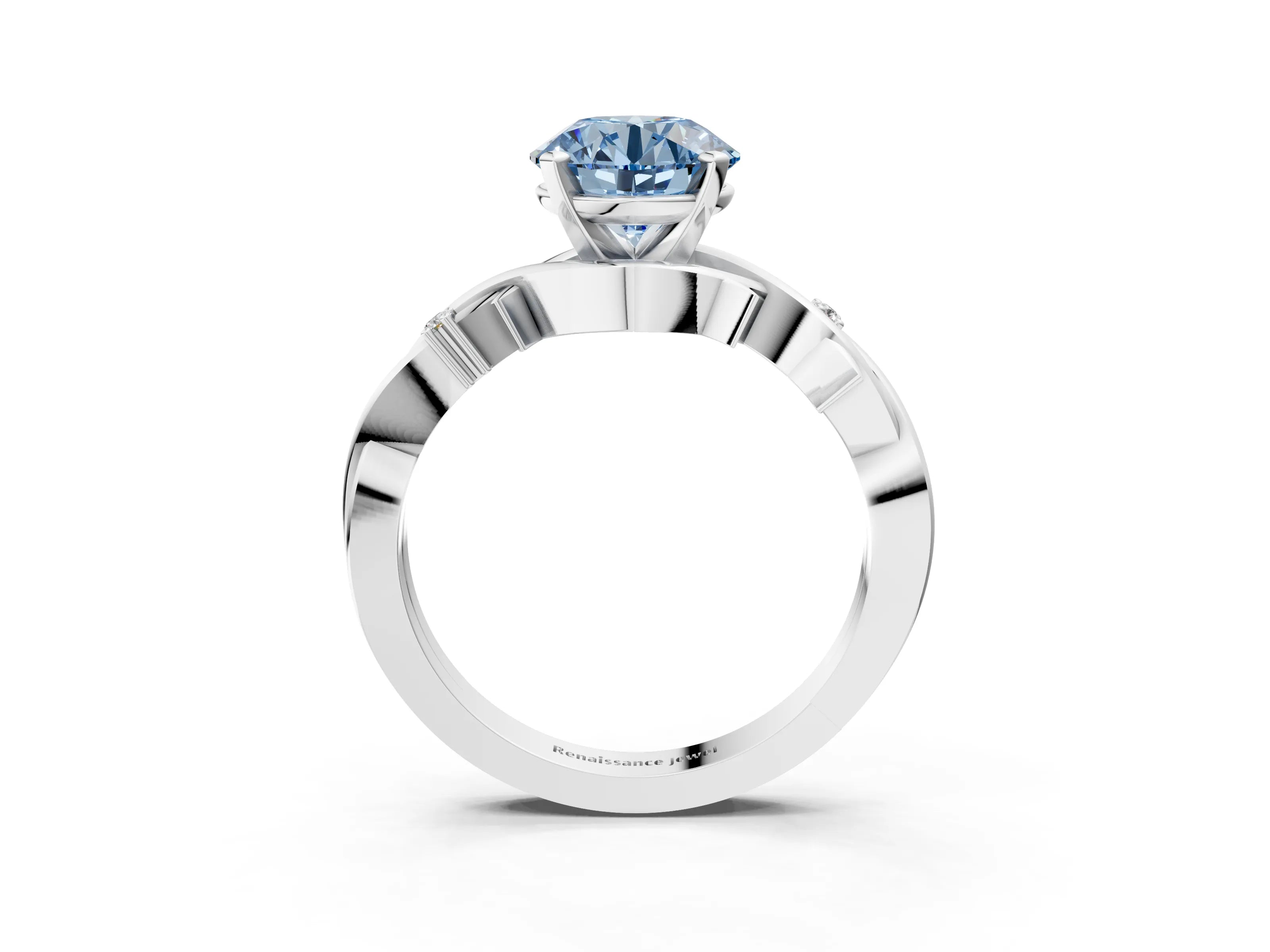 White gold Fancy Blue Round Cut Diamond Solitaire Ring with Twisted Band and Prong Setting_366