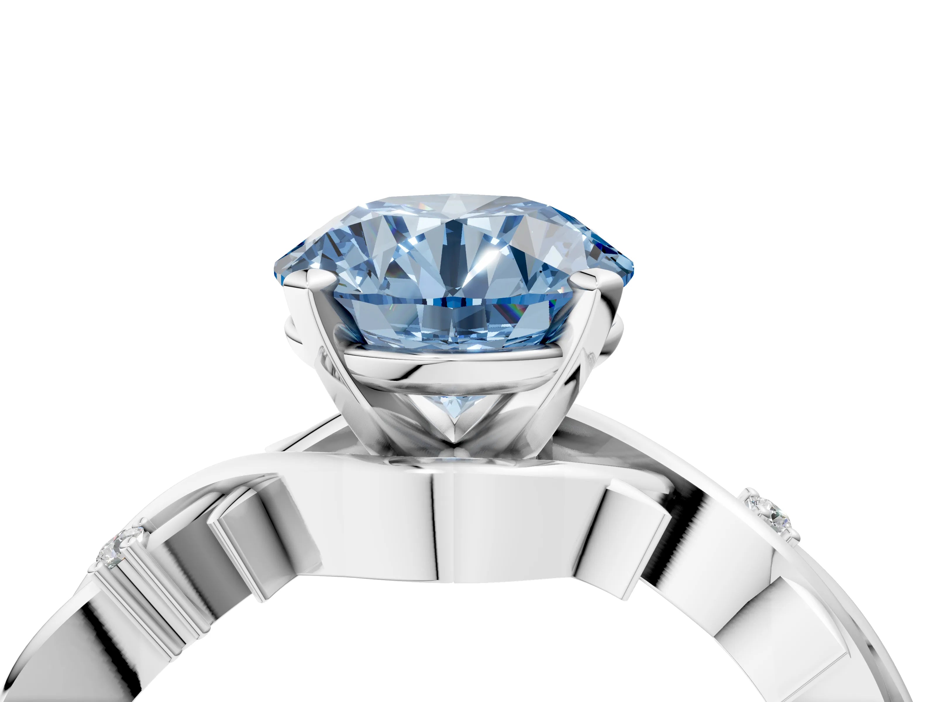 White gold Fancy Blue Round Cut Diamond Solitaire Ring with Twisted Band and Prong Setting_367