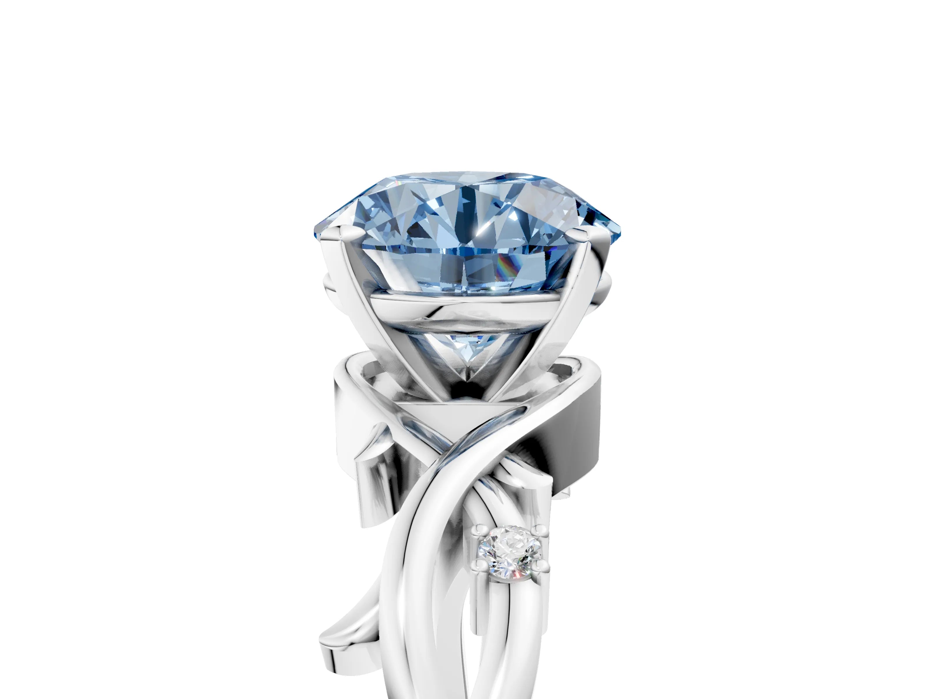 White gold Fancy Blue Round Cut Diamond Solitaire Ring with Twisted Band and Prong Setting_368