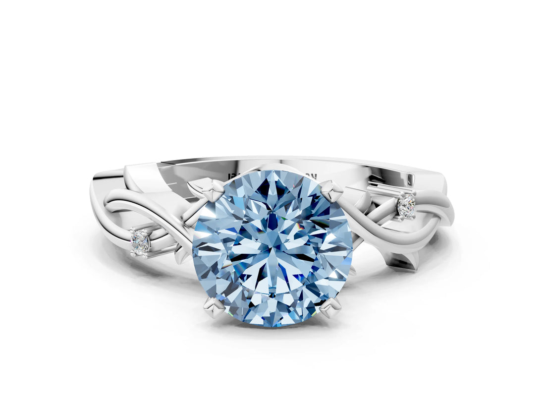 White gold Fancy Blue Round Cut Diamond Solitaire Ring with Twisted Band and Prong Setting_380