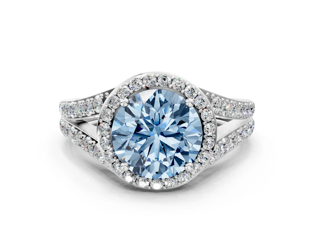 White gold Fancy Blue Round Cut Diamond Split Shank Halo Ring with Four-Prong Setting_70