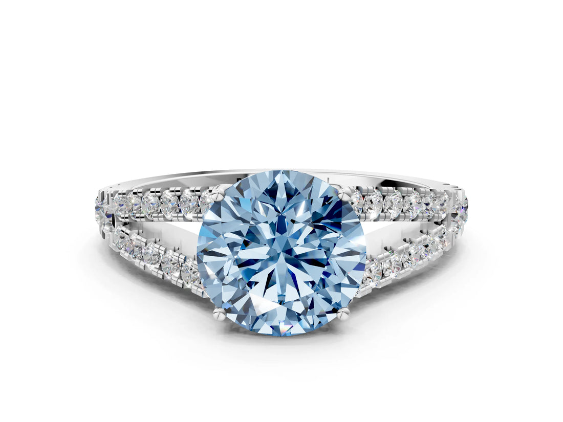 White gold Fancy Blue Round Cut Diamond Split Shank Pavé Engagement Ring with Four-Prong Setting_74