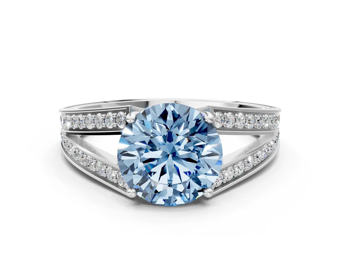 White gold Fancy Blue Round Cut Diamond Split Shank Ring with Pavé Band and Four-Prong Setting_104