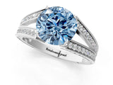 White gold Fancy Blue Round Cut Diamond Split Shank Ring with Pavé Band and Four-Prong Setting_82