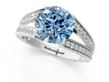 White gold Fancy Blue Round Cut Diamond Split Shank Ring with Pavé Band and Four-Prong Setting_97