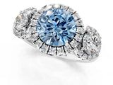 White gold Fancy Blue Round Cut Diamond Three-Stone Halo Ring with Prong Setting and Pavé Accents_1