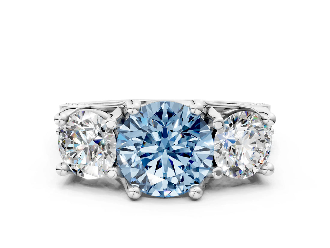 White gold Fancy Blue Round Cut Diamond Three-Stone Ring with Channel Set Band and Four-Prong Setting_61