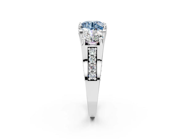 Platinum Round Three Stone Pave Engagement Ring Setting for Fancy Blue Center with Near-Equal Side Stones