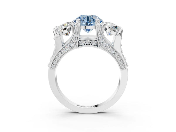 Platinum Round Three Stone Pave Engagement Ring Setting for Fancy Blue Center with Near-Equal Side Stones