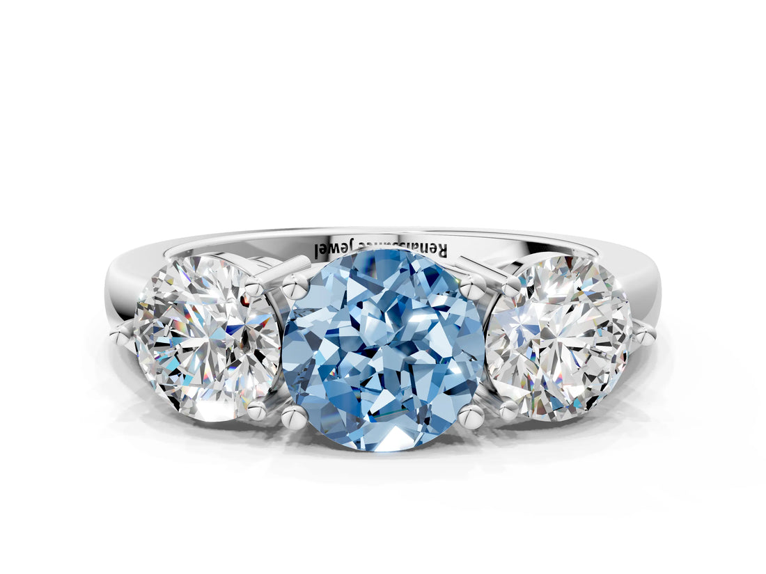 White gold Fancy Blue Round Cut Diamond Three-Stone Ring with Prong Setting and Classic Band_123