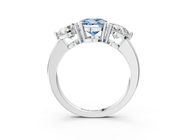 White gold Fancy Blue Round Cut Diamond Three-Stone Ring with Prong Setting and Classic Band