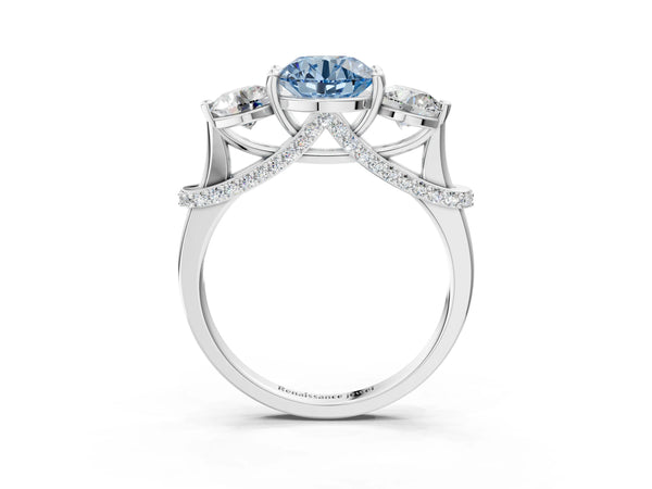 White Gold Round Curved Pave Three Stone Engagement Ring Setting for Fancy Blue Center