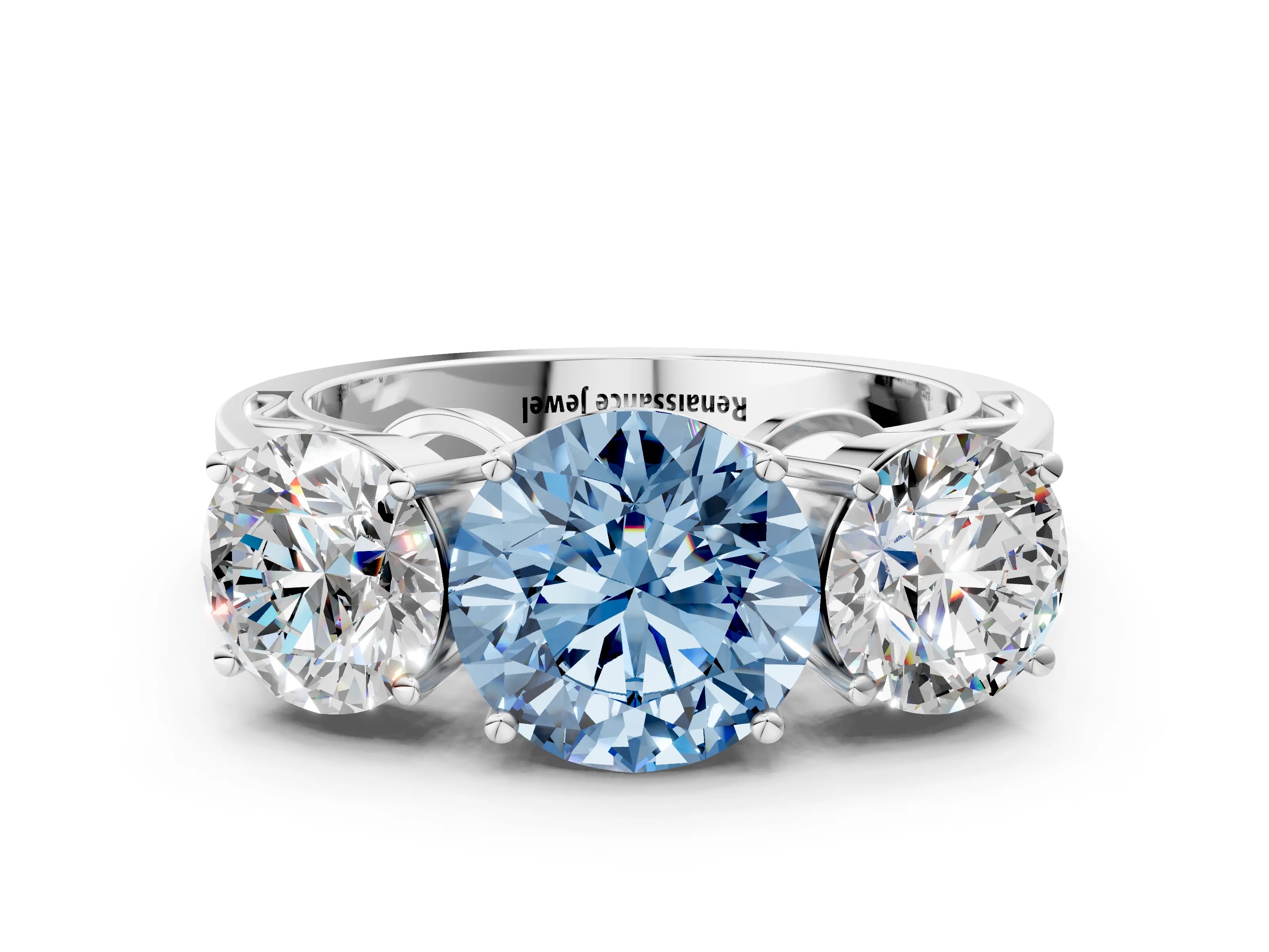 White gold Fancy Blue Round Cut Diamond Three-Stone Ring with Prong Setting and Textured Band