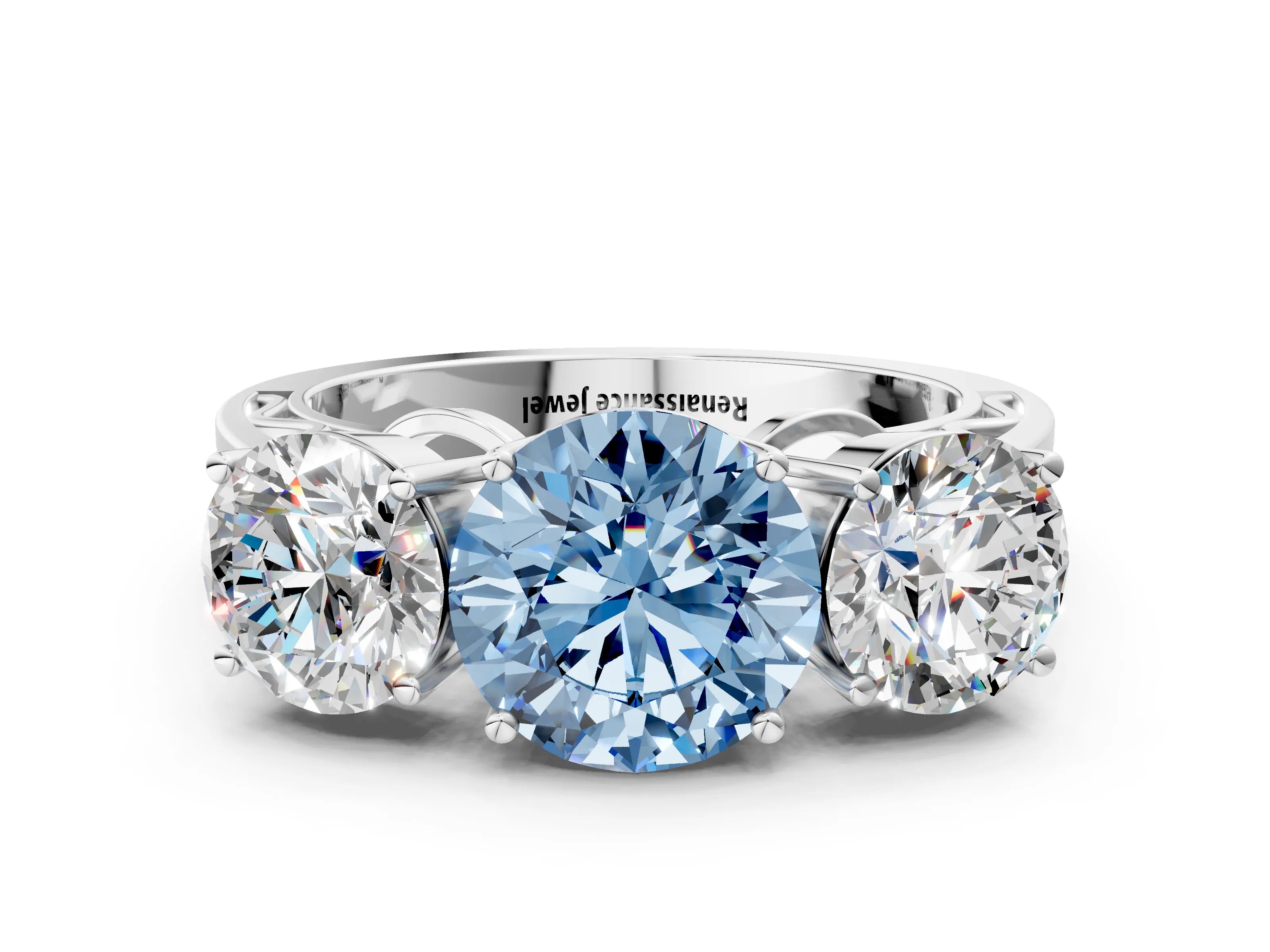 White gold Fancy Blue Round Cut Diamond Three-Stone Ring with Prong Setting and Textured Band_12