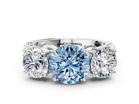 White gold Fancy Blue Round Cut Diamond Three-Stone Ring with Prong Setting and Textured Band_12