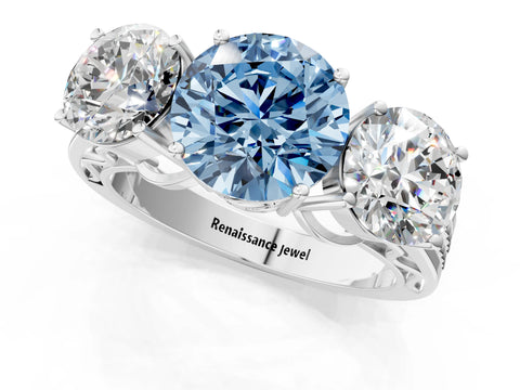 White gold Fancy Blue Round Cut Diamond Three-Stone Ring with Prong Setting and Textured Band_13