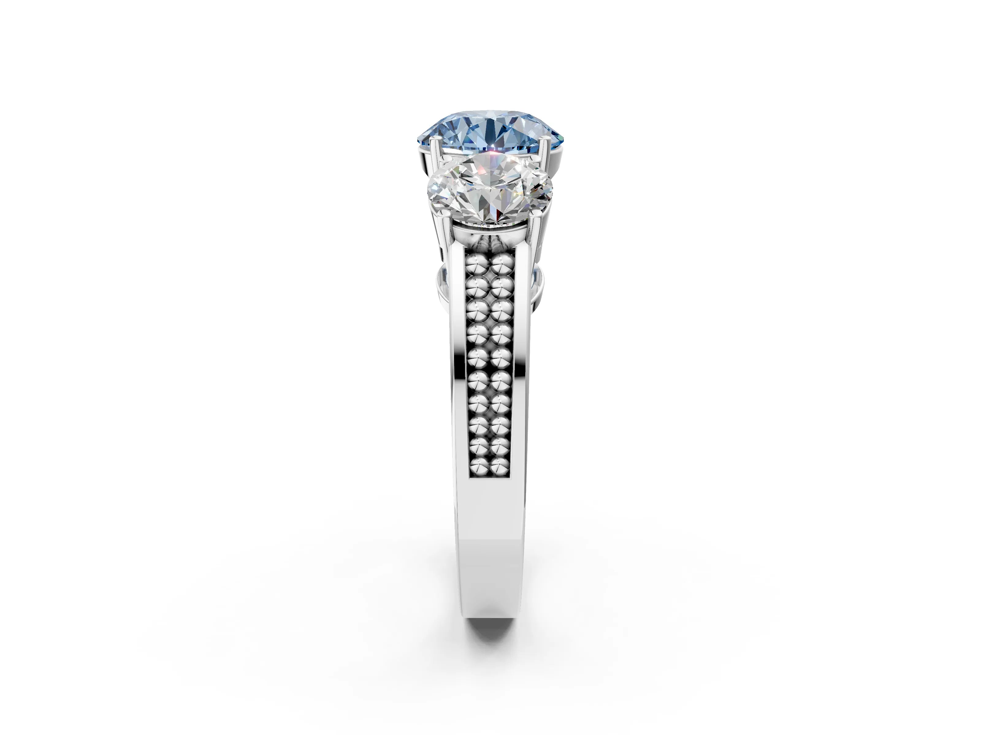 White gold Fancy Blue Round Cut Diamond Three-Stone Ring with Prong Setting and Textured Band_14