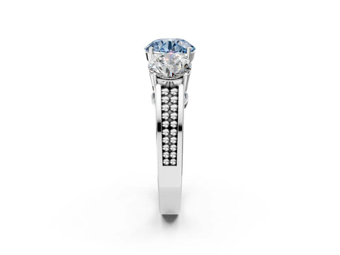 White gold Fancy Blue Round Cut Diamond Three-Stone Ring with Prong Setting and Textured Band_14