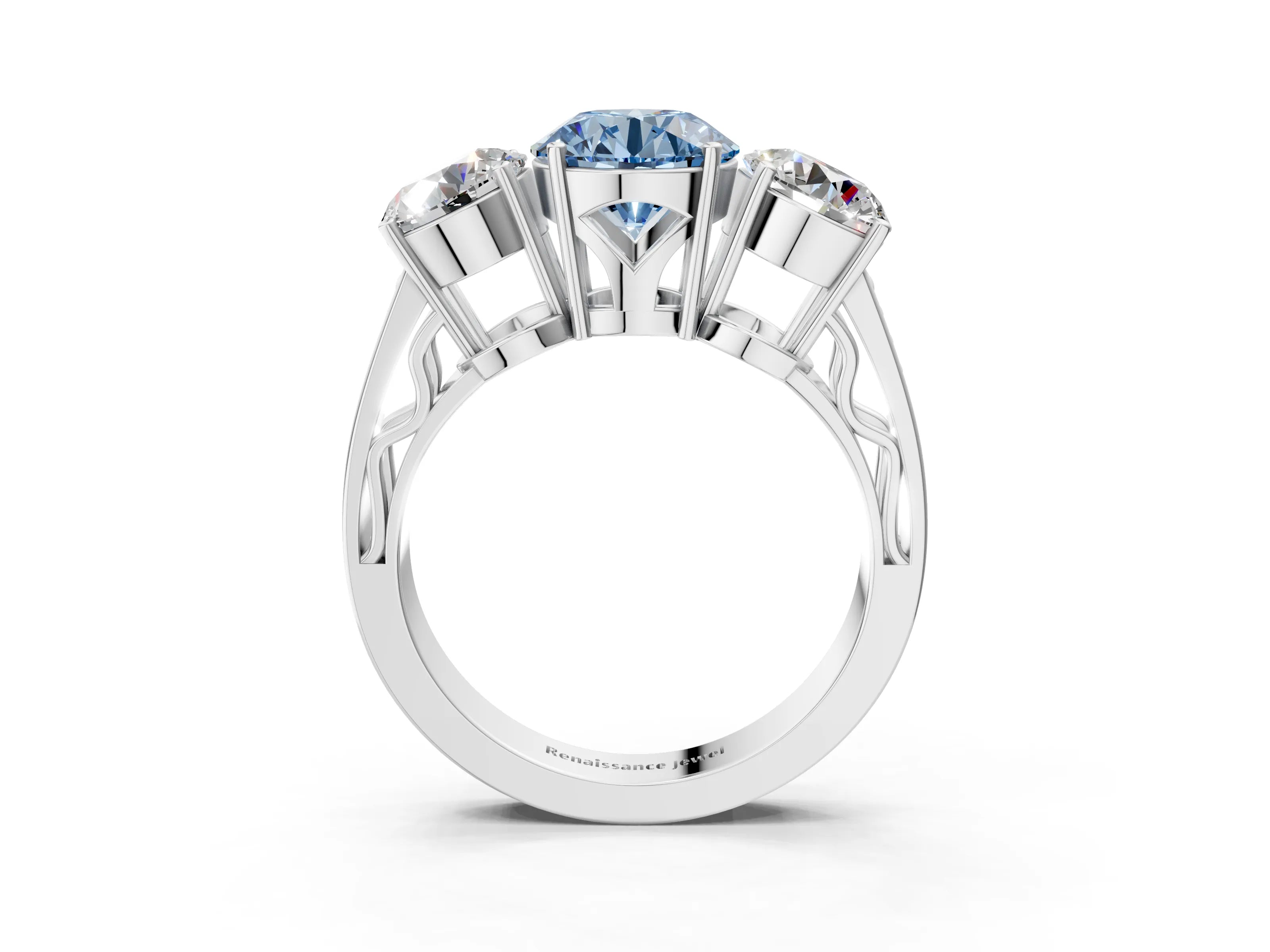 White gold Fancy Blue Round Cut Diamond Three-Stone Ring with Prong Setting and Textured Band_15