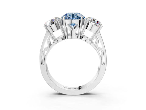 White gold Fancy Blue Round Cut Diamond Three-Stone Ring with Prong Setting and Textured Band_15