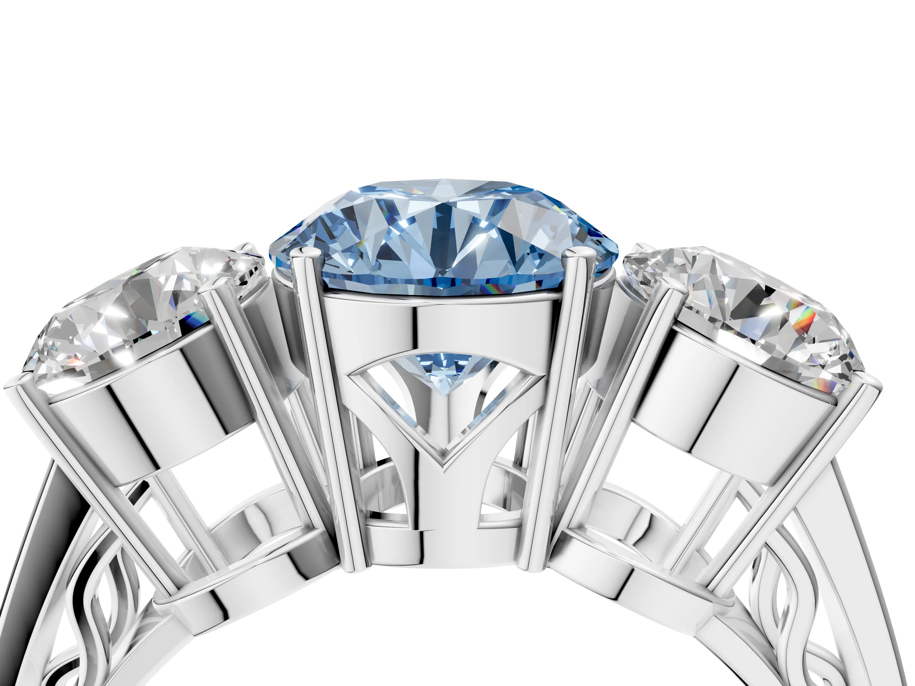 White gold Fancy Blue Round Cut Diamond Three-Stone Ring with Prong Setting and Textured Band_16