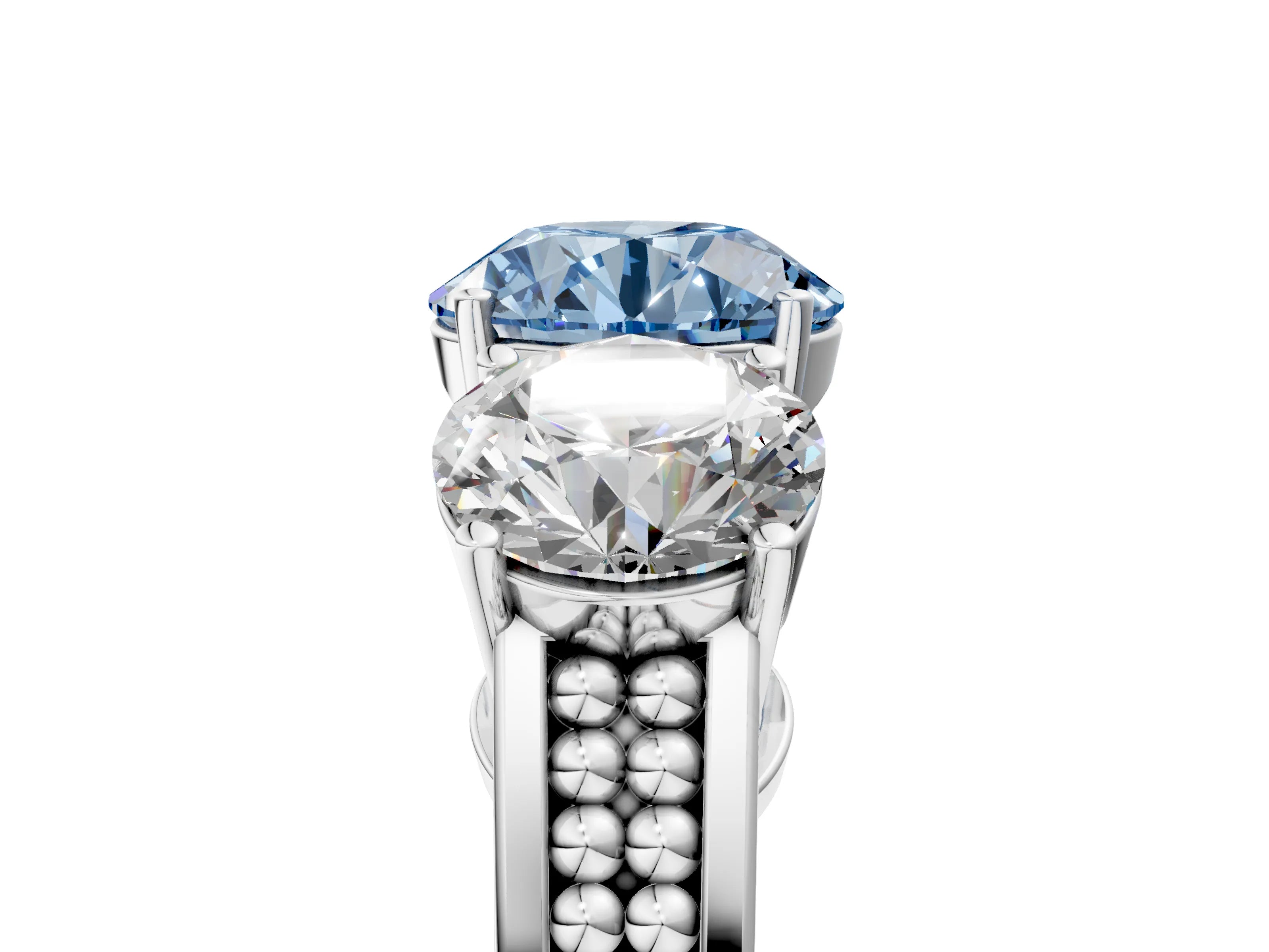 White gold Fancy Blue Round Cut Diamond Three-Stone Ring with Prong Setting and Textured Band_17