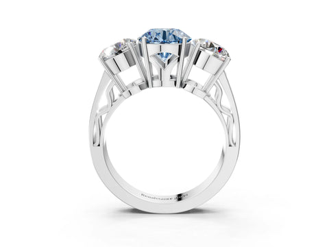 White gold Fancy Blue Round Cut Diamond Three-Stone Ring with Prong Setting and Textured Band_3