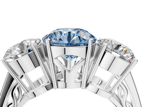 White gold Fancy Blue Round Cut Diamond Three-Stone Ring with Prong Setting and Textured Band_4