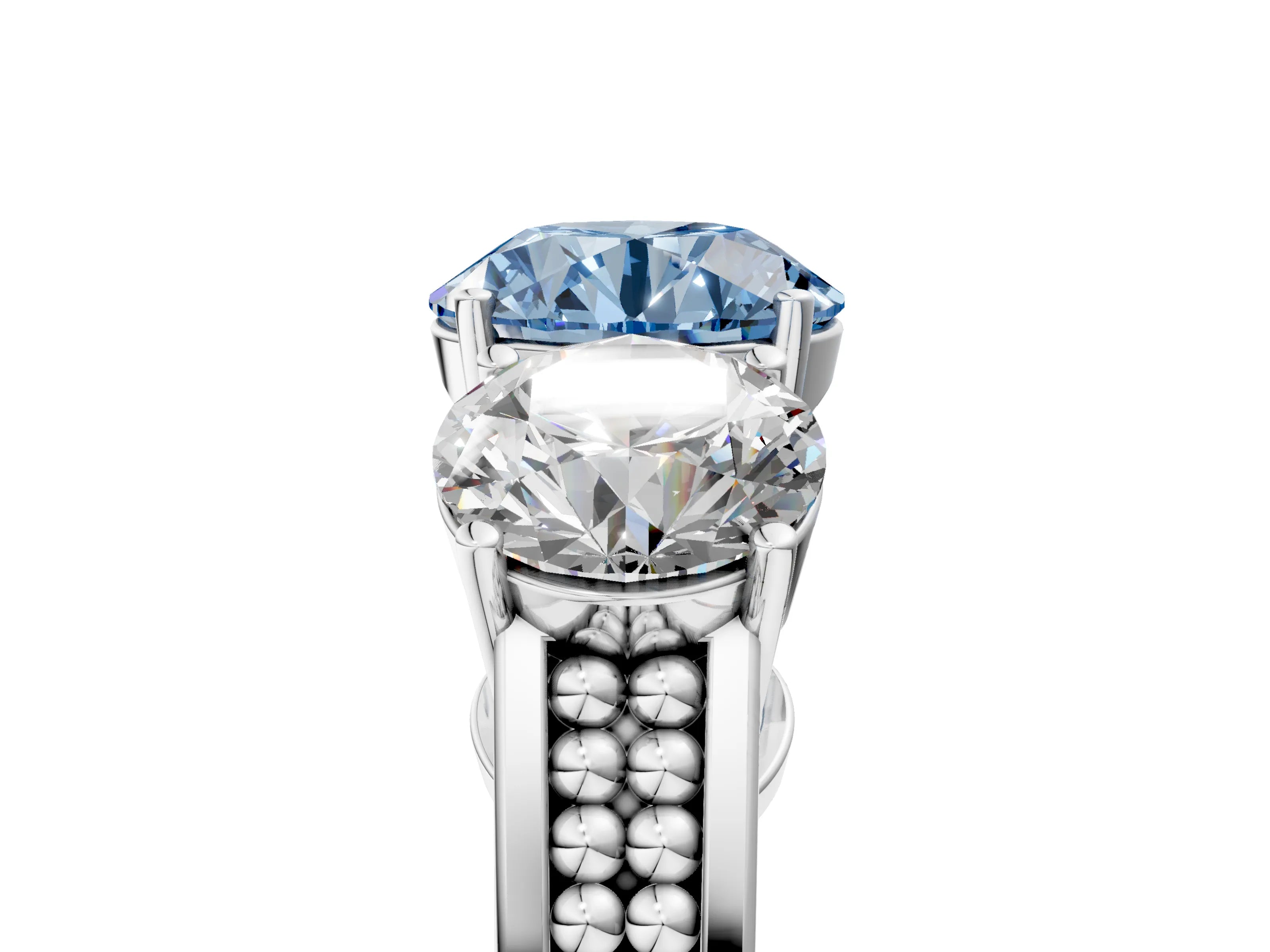 White gold Fancy Blue Round Cut Diamond Three-Stone Ring with Prong Setting and Textured Band_5