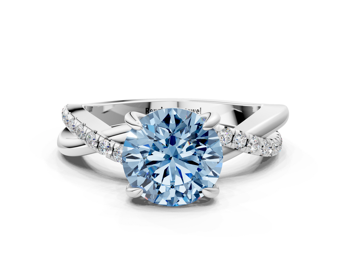 White gold Fancy Blue Round  Cut Diamond Twist Band Solitaire with Prong Setting_24