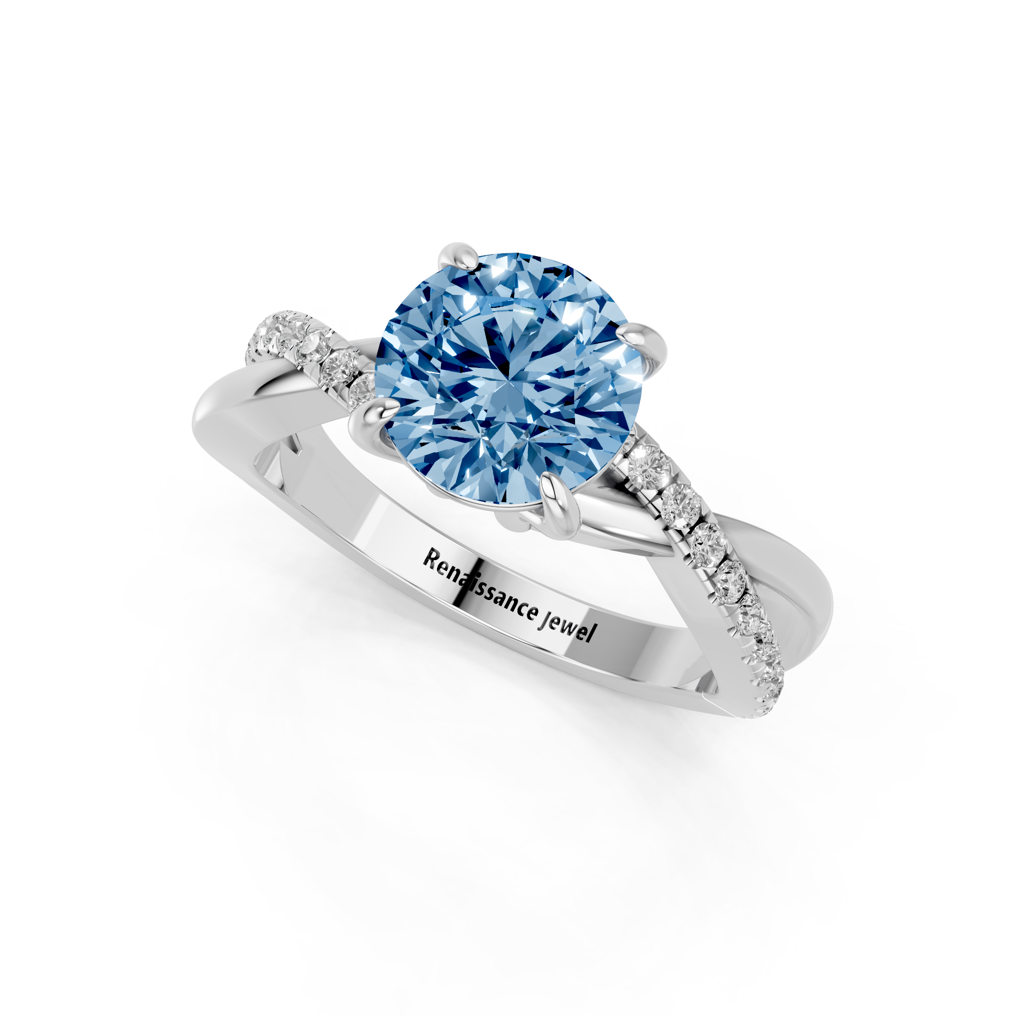 White gold Fancy Blue Round  Cut Diamond Twist Band Solitaire with Prong Setting_3