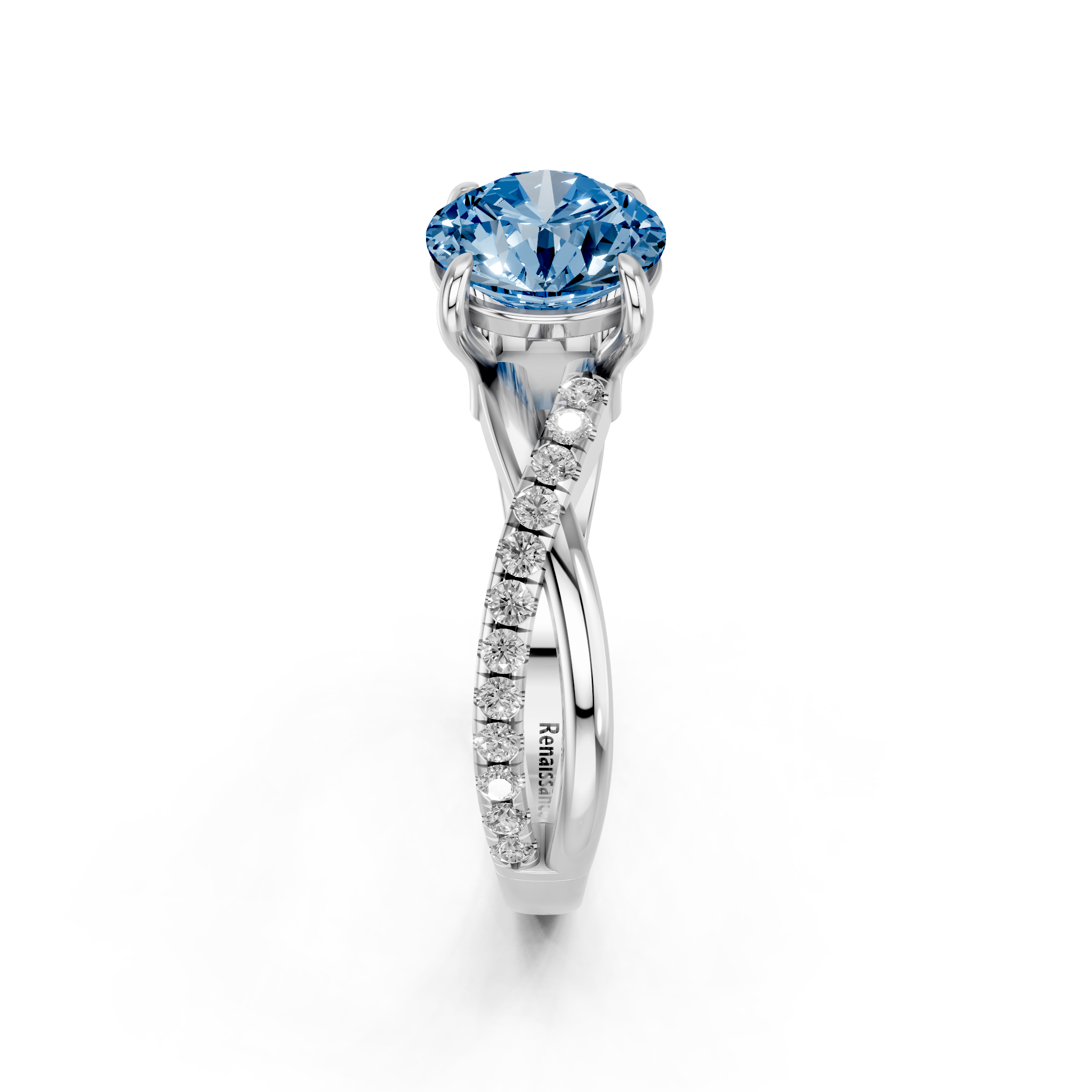 White gold Fancy Blue Round  Cut Diamond Twist Band Solitaire with Prong Setting_4