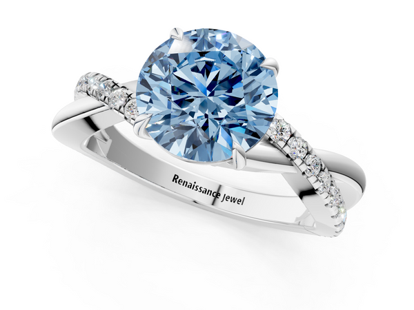 Platinum Fancy Blue Round  Cut Diamond Twisted Band with Pavé Setting and Four-Prong Setting