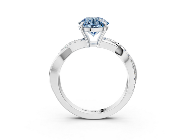 Platinum Fancy Blue Round  Cut Diamond Twisted Band with Pavé Setting and Four-Prong Setting
