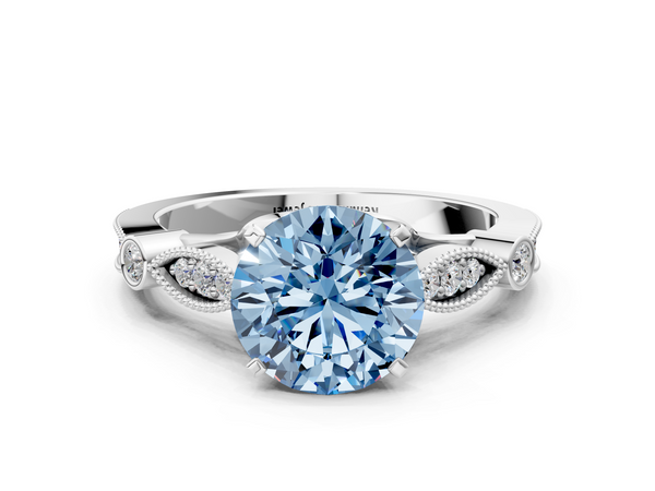 White gold Fancy Blue Round  Cut Diamond with Milgrain Marquise and Bezel Accents on a Solitaire Band with Prong Setting
