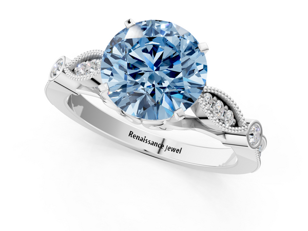 White gold Fancy Blue Round  Cut Diamond with Milgrain Marquise and Bezel Accents on a Solitaire Band with Prong Setting
