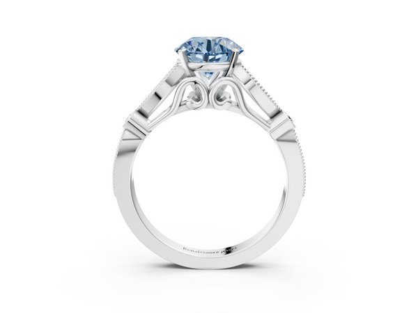 White gold Fancy Blue Round  Cut Diamond with Milgrain Marquise and Bezel Accents on a Solitaire Band with Prong Setting