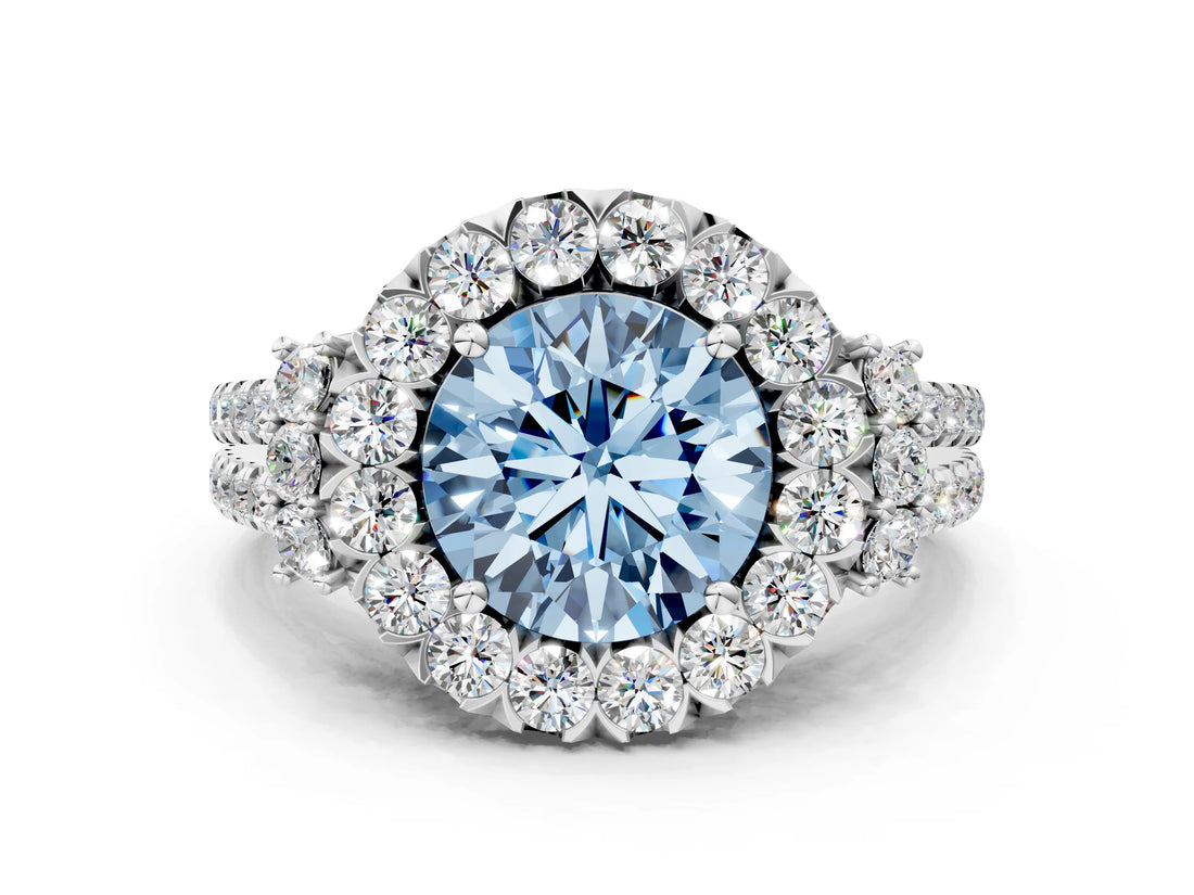 White gold Fancy Blue Round  Cut Double Halo Diamond Engagement Ring with Pave Band and Four-Prong Setting_38