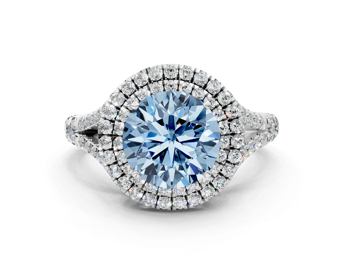 White gold Fancy Blue Round  Cut Double Halo Split Shank Diamond Ring with Prong Setting_49