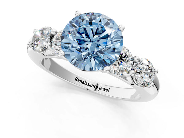Platinum Fancy Blue Round  Cut Five-Stone Prong Set Diamond Ring with Classic Band