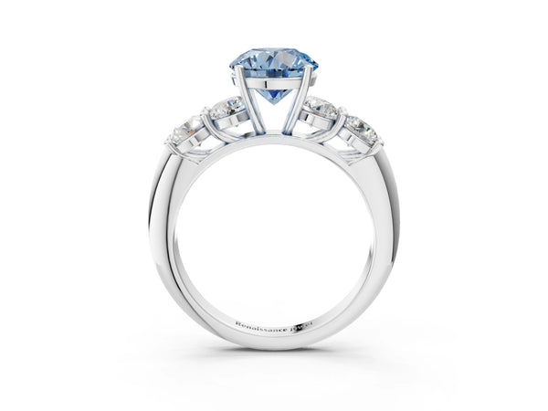 Platinum Fancy Blue Round  Cut Five-Stone Prong Set Diamond Ring with Classic Band