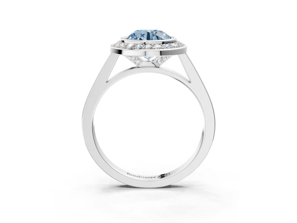 White gold Fancy Blue Round Cut Halo Bezel Diamond Pave Band Ring