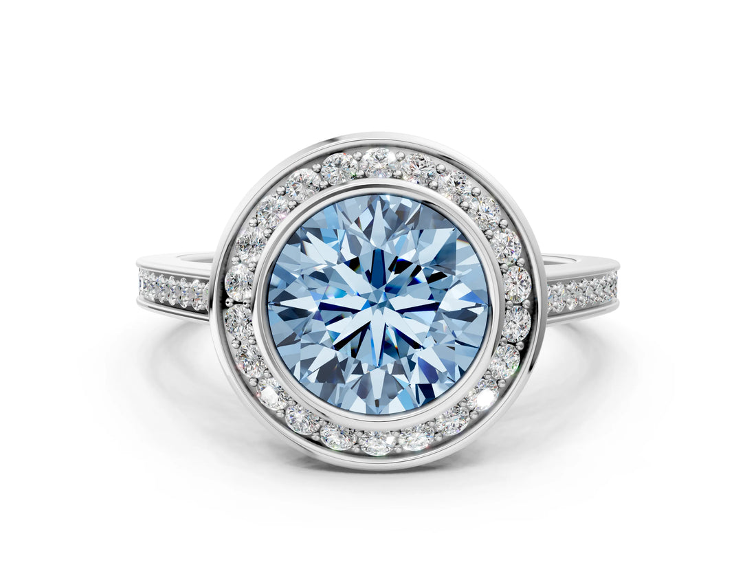 White gold Fancy Blue Round Cut Halo Bezel Diamond Pave Band Ring