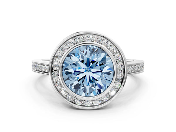 White gold Fancy Blue Round Cut Halo Bezel Diamond Pave Band Ring
