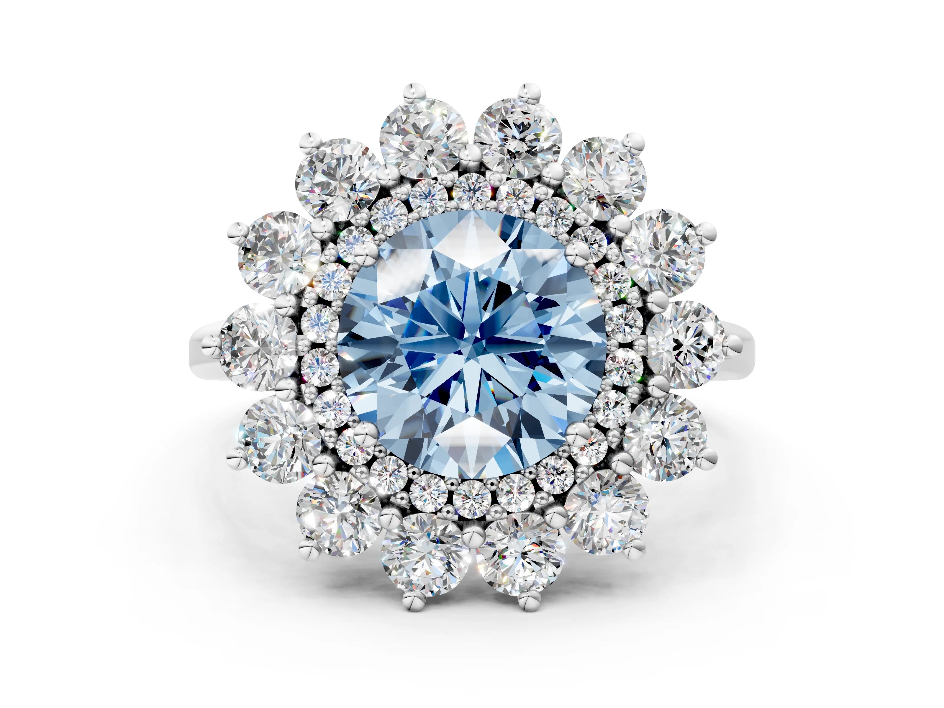 White gold Fancy Blue Round Cut Halo Cluster Diamond Ring with Pave Band and Four-Prong Setting_12