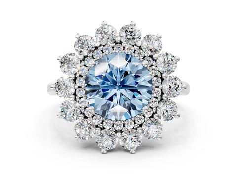 White gold Fancy Blue Round Cut Halo Cluster Diamond Ring with Pave Band and Four-Prong Setting_12