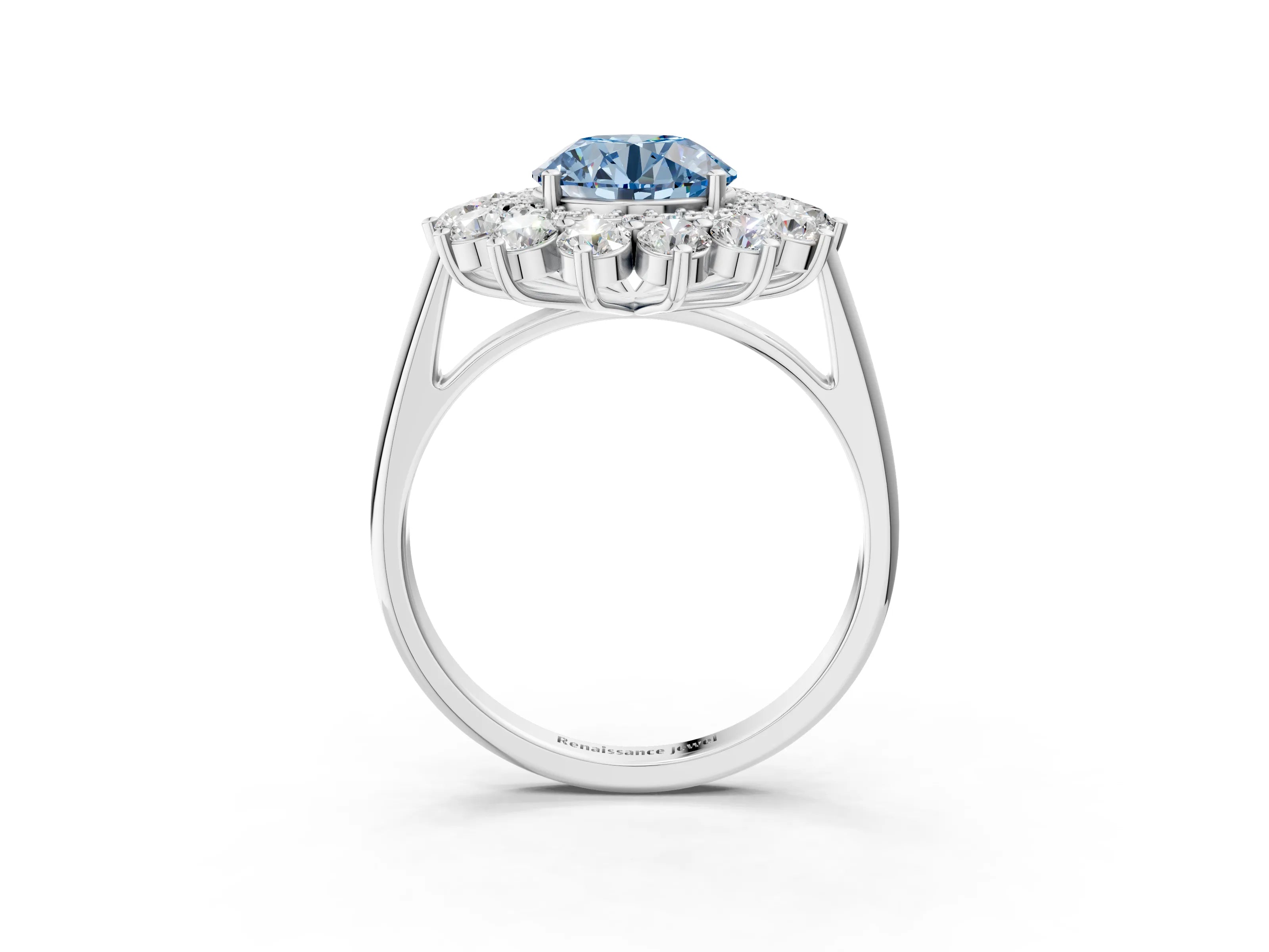 White gold Fancy Blue Round Cut Halo Cluster Diamond Ring with Pave Band and Four-Prong Setting_15